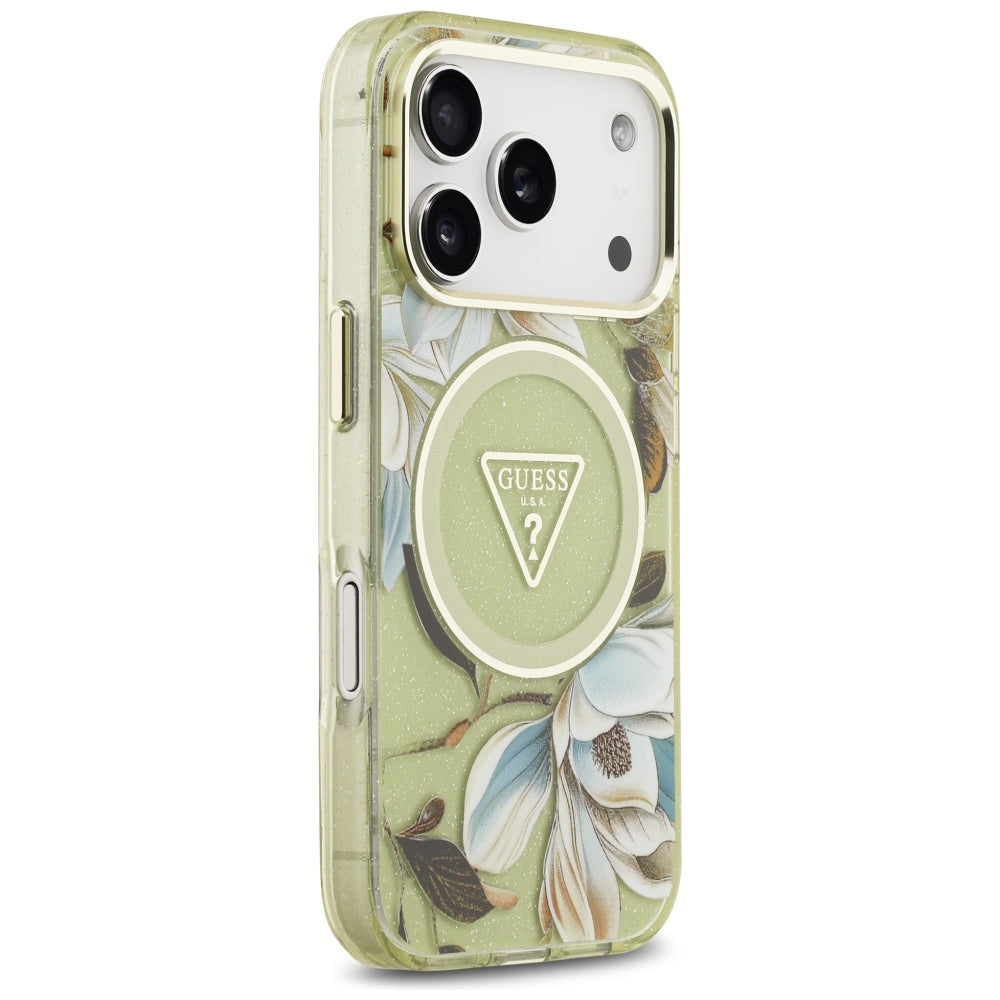 Guess IML Glitter Flowers Triangle MagSafe Case for iPhone 17 Pro Max - Green_3