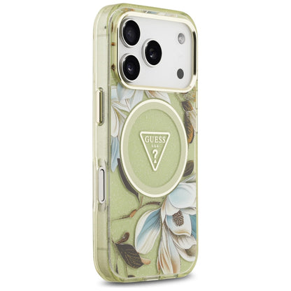 Guess IML Glitter Flowers Triangle MagSafe Case for iPhone 17 Pro Max - Green_3