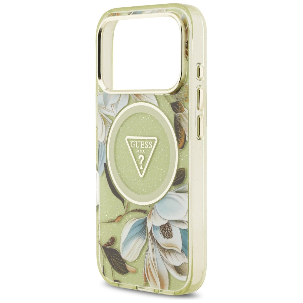 Guess IML Glitter Flowers Triangle MagSafe Case for iPhone 17 Pro Max - Green_5