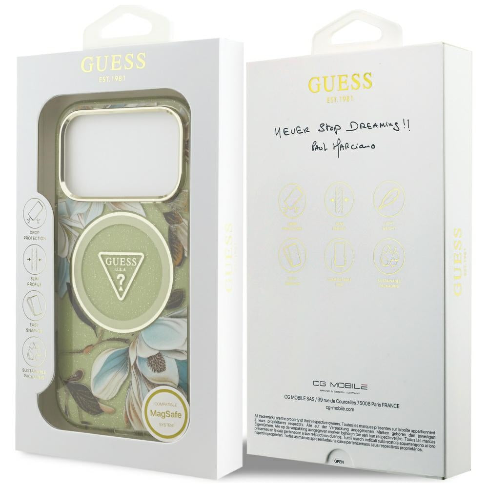 Guess IML Glitter Flowers Triangle MagSafe Case for iPhone 17 Pro Max - Green_7