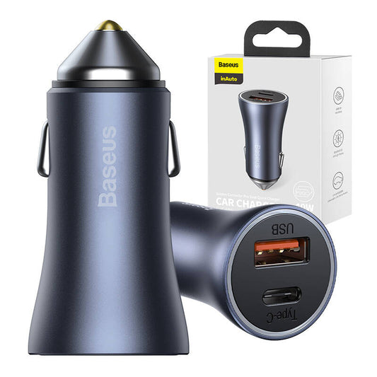 Ładowarka samochodowa Baseus Golden Contactor Pro, USB + USB-C, QC4.0+, PD, SCP, 40W (szara)_0