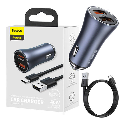 Baseus Golden Contactor Pro fast car charger 2x USB 40 W Quick Charge SCP FCP AFC + USB cable - USB Type C gray (TZCCJD-A0G)_0