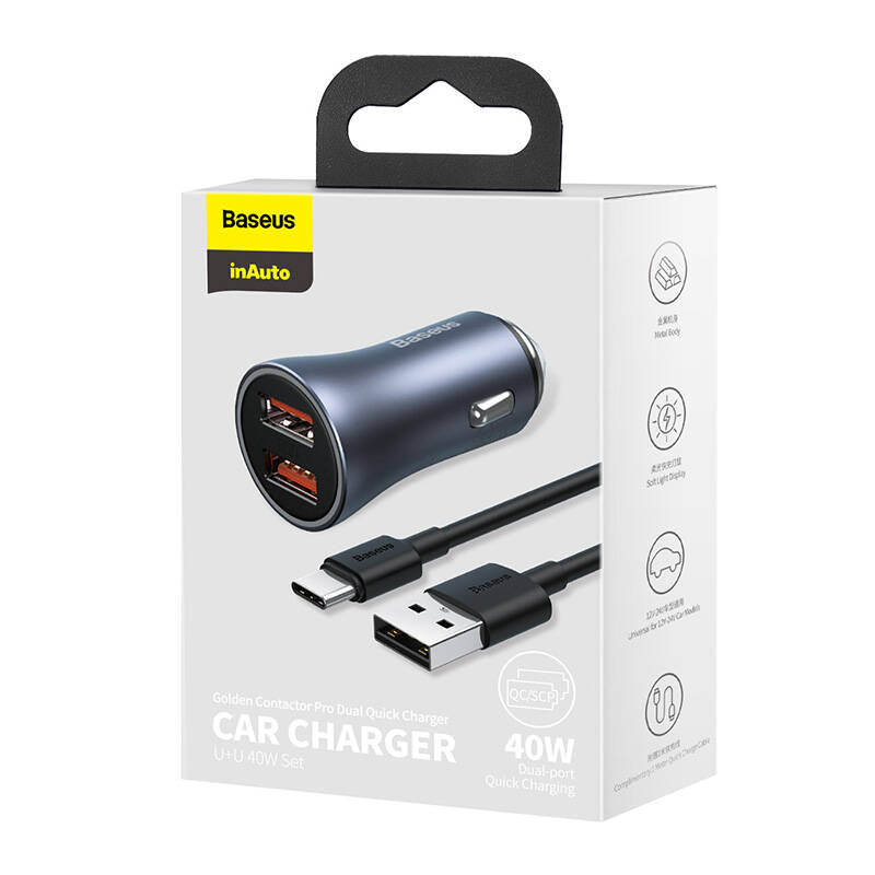Baseus Golden Contactor Pro fast car charger 2x USB 40 W Quick Charge SCP FCP AFC + USB cable - USB Type C gray (TZCCJD-A0G)_16