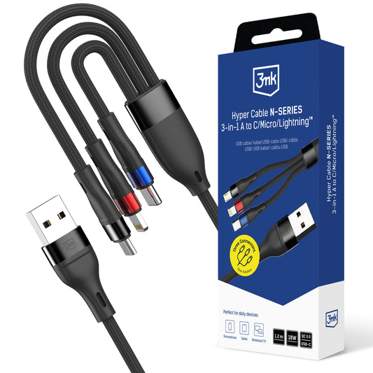 3mk Hyper Cable N-SERIES 3 in 1 USB-A / Lightning / Micro 1.2m 9V/2A 18W - black_0