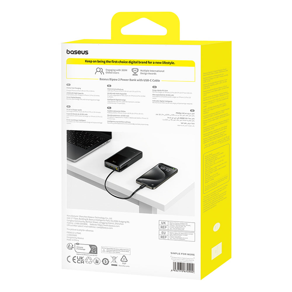 Powerbank Baseus Bipow 2 20000mah 20W z cyfrowym wyświetlaczem z wbudowanym kablem USB-C - czarny_6