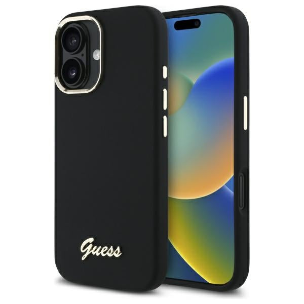 Guess Silicone Script Metal Logo &amp; Frame Case for iPhone 16 Plus - Black_0