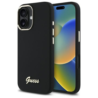 Guess Silicone Script Metal Logo &amp; Frame Case for iPhone 16 Plus - Black_0