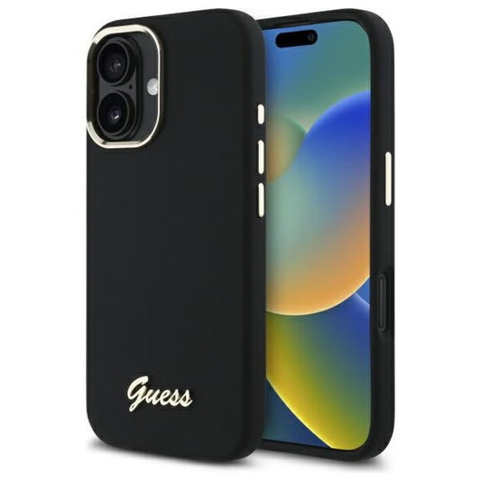 Guess Silicone Script Metal Logo &amp; Frame Case for iPhone 16 Plus - Black_0