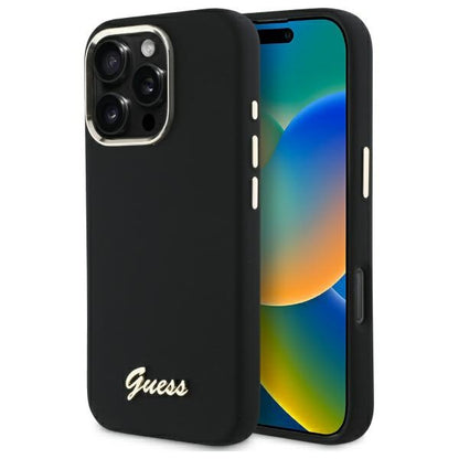 Guess Silicone Script Metal Logo &amp; Frame Case for iPhone 16 Pro Max - Black_0