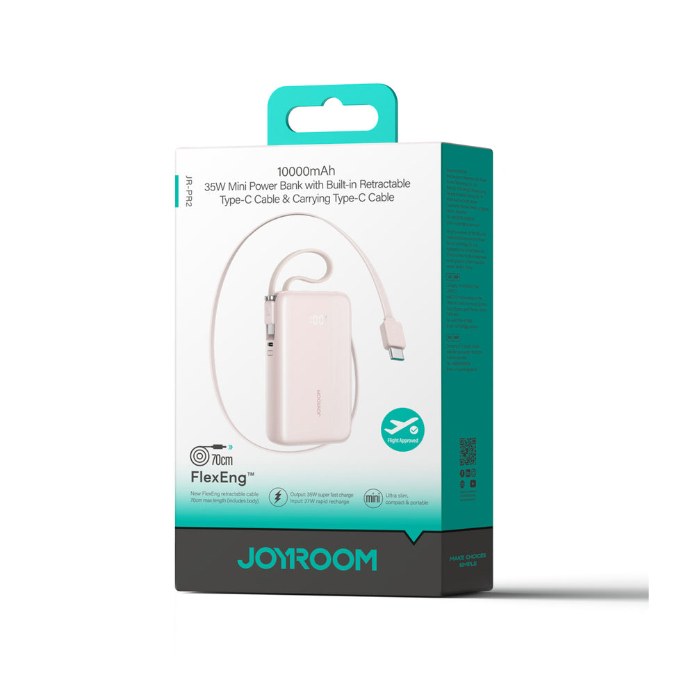 Joyroom JR-PR2L 10000mAh 35W Power Bank with Built-in Retractable USB-C Cable and USB-C Lanyard Cable - Pink_1
