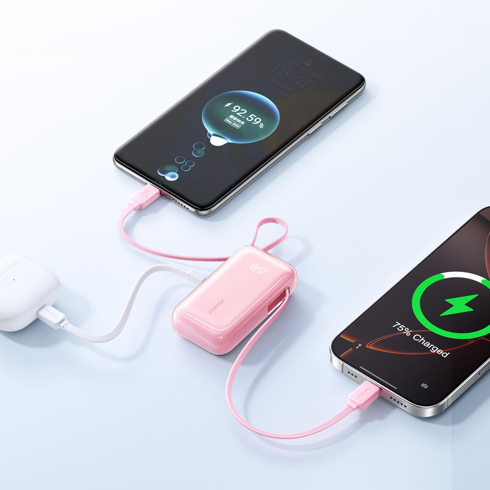 Joyroom JR-PR2L 10000mAh 35W Power Bank with Built-in Retractable USB-C Cable and USB-C Lanyard Cable - Pink_2