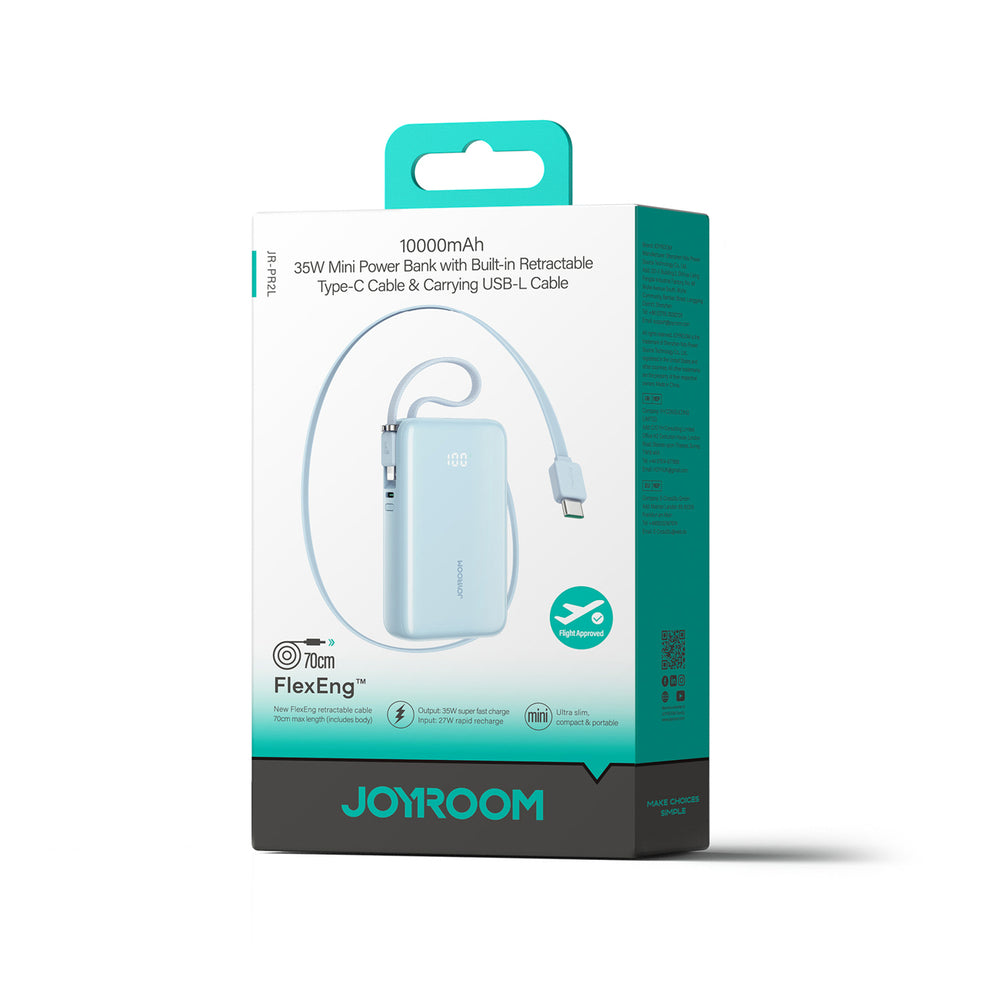 Joyroom JR-PR2L 10000mAh 35W Power Bank with Built-in Retractable USB-C Cable and Lightning Lanyard Cable - Blue_1
