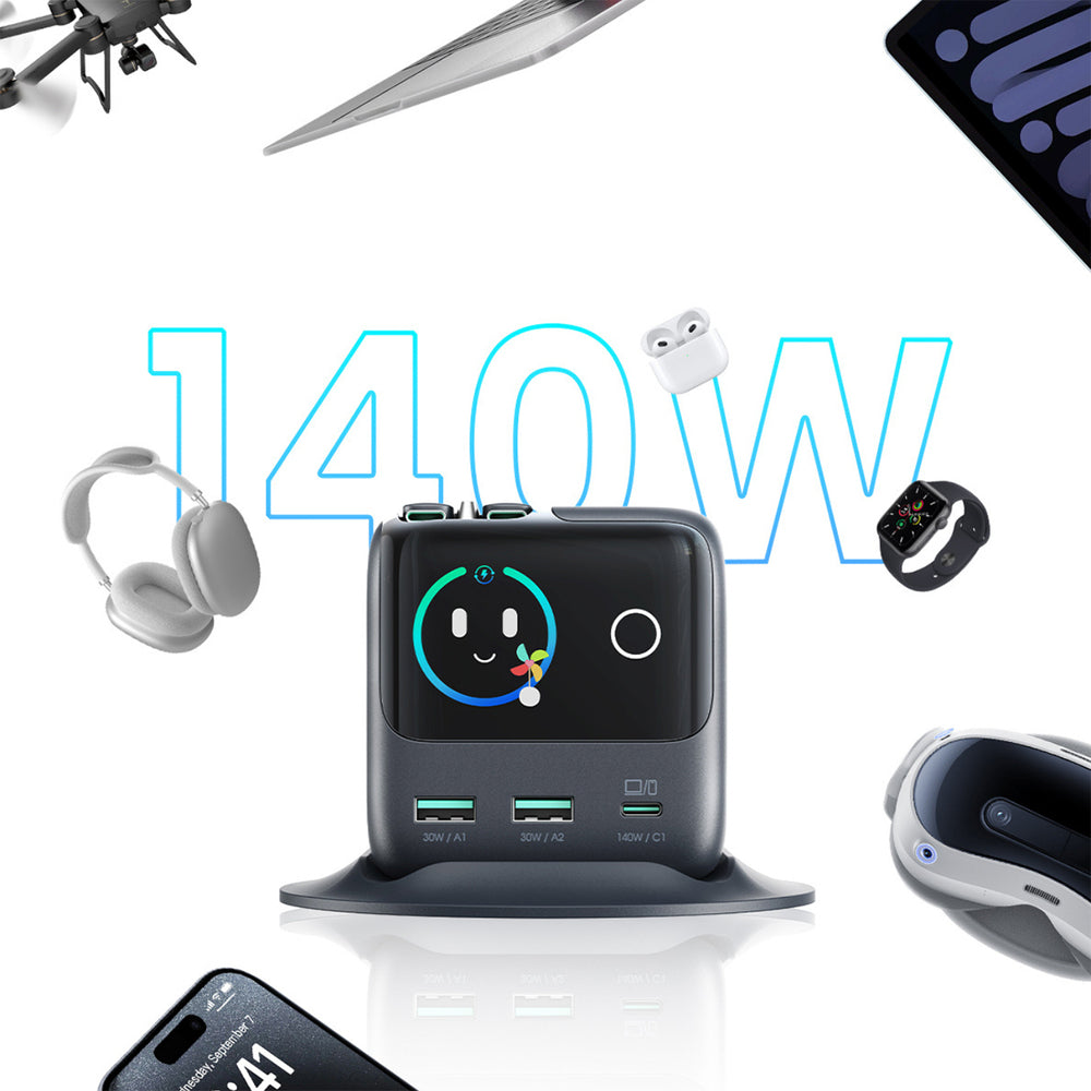 Joyroom Podix JR-TRD01 GaN 140W Desktop Charger with 5 Ports and Dual Retractable Cables - Gray_6