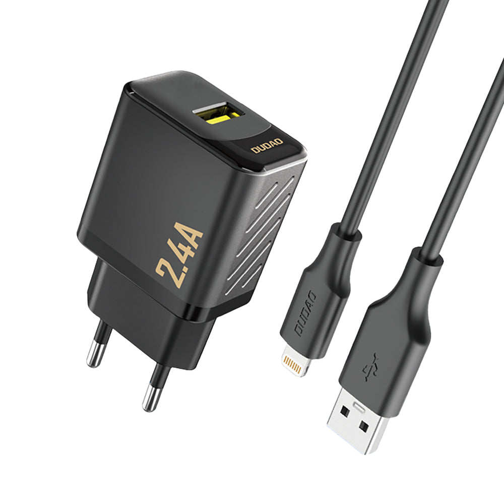 Dudao A23LEU 2.4A GaN EU USB-A Wall Charger with USB-A to Lightning Cable - Black_0