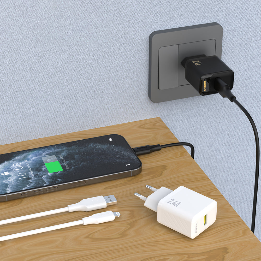 Dudao A23LEU 2.4A GaN EU USB-A Wall Charger with USB-A to Lightning Cable - Black_1