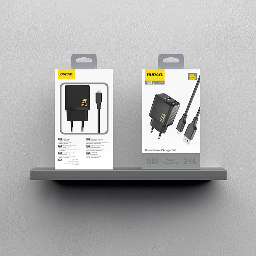 Dudao A23LEU 2.4A GaN EU USB-A Wall Charger with USB-A to Lightning Cable - Black_2