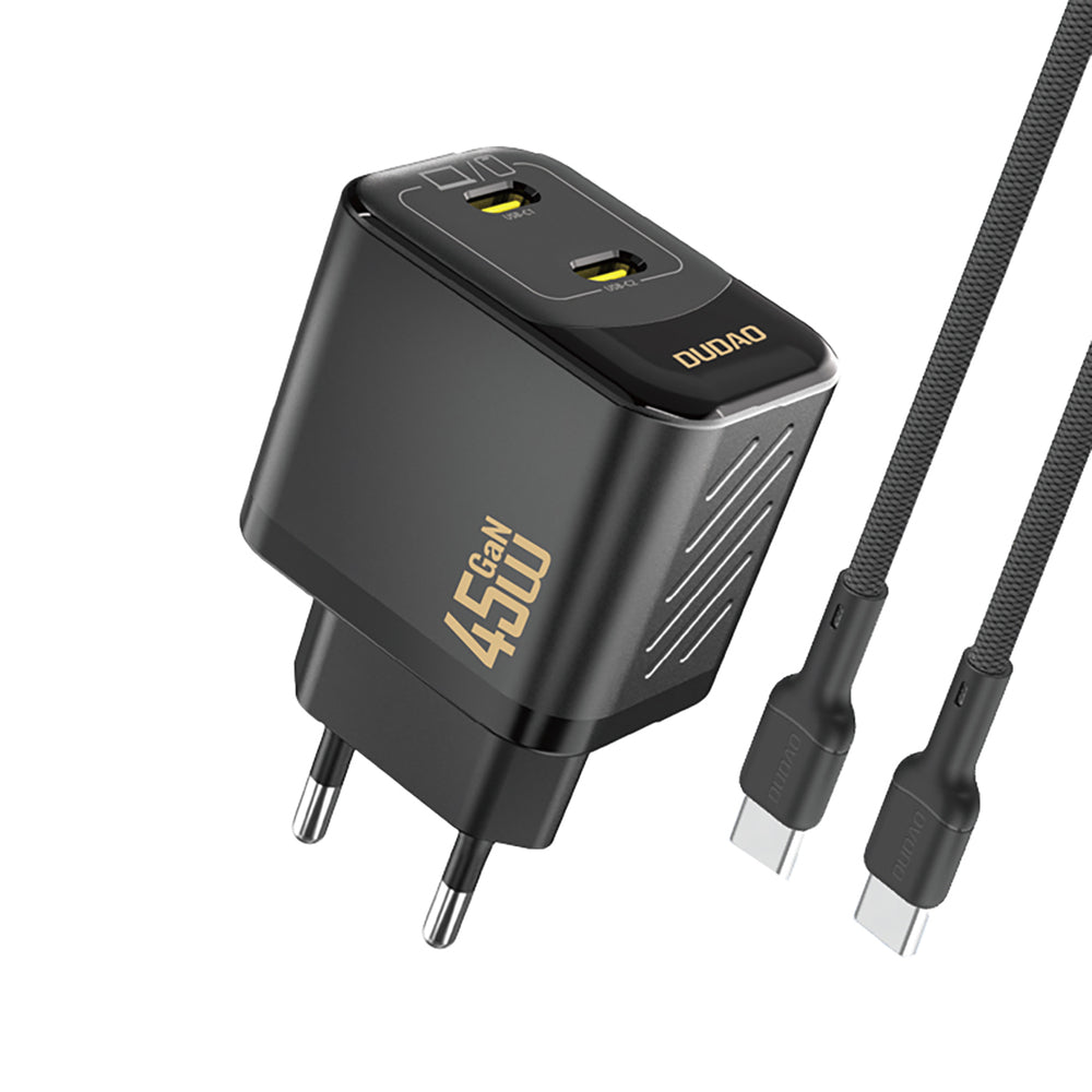 Dudao A28PCEU PD 45W GaN 2xUSB-C Wall Charger with USB-C Cable - Black_0