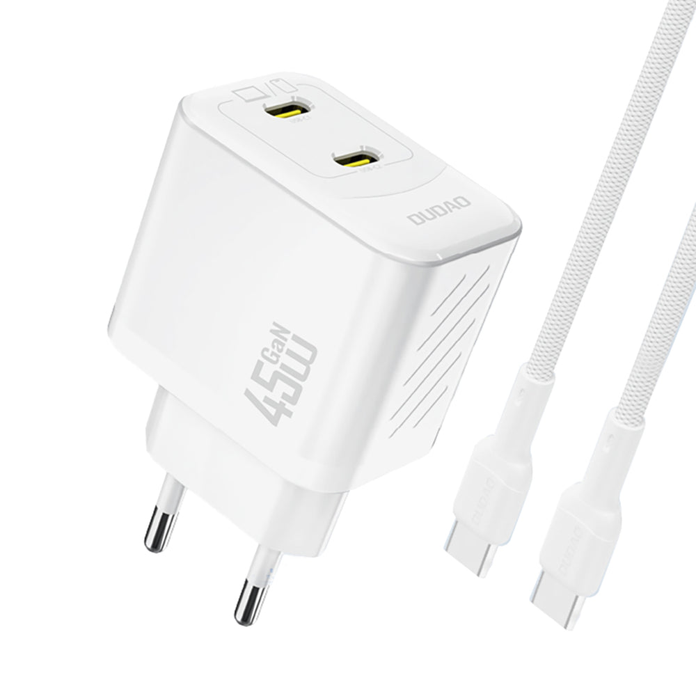 Dudao A28PCEU PD 45W GaN 2xUSB-C Wall Charger with USB-C Cable - White_0
