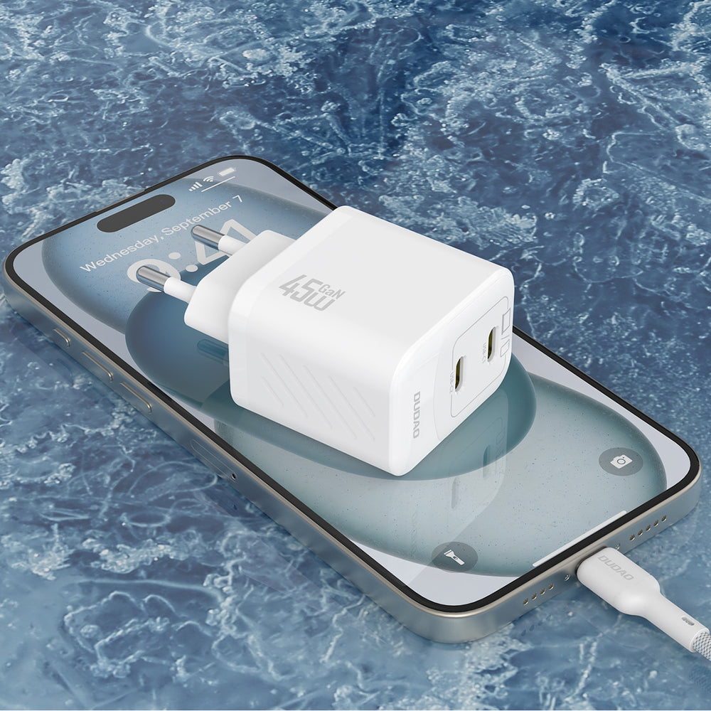 Dudao A28PCEU PD 45W GaN 2xUSB-C Wall Charger with USB-C Cable - White_3