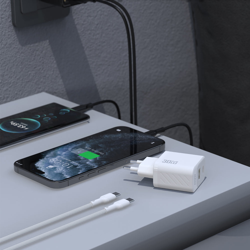 Dudao A27TCEU PD 30W GaN USB-A USB-C Wall Charger with USB-C Cable - White_3