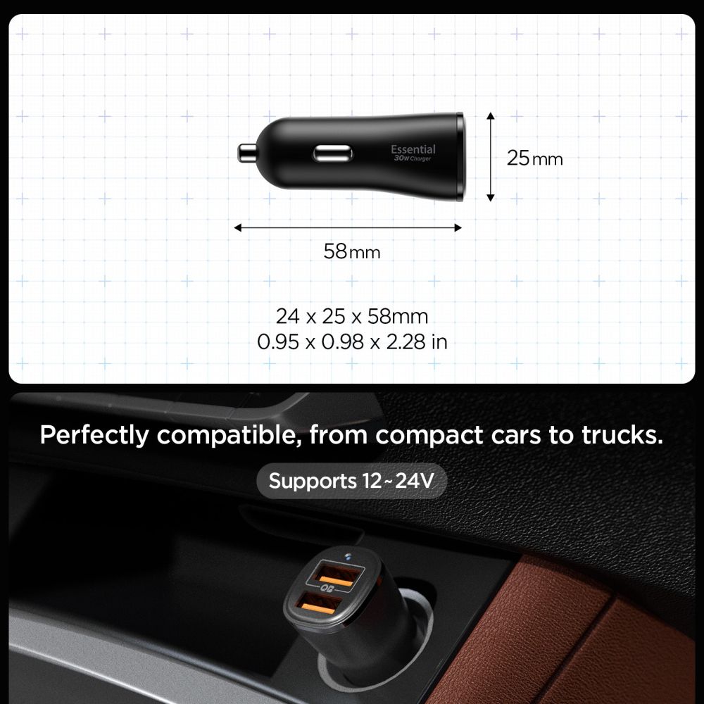 Spigen Essential EV302 30W 2-Port USB-A Car Charger - Black_7