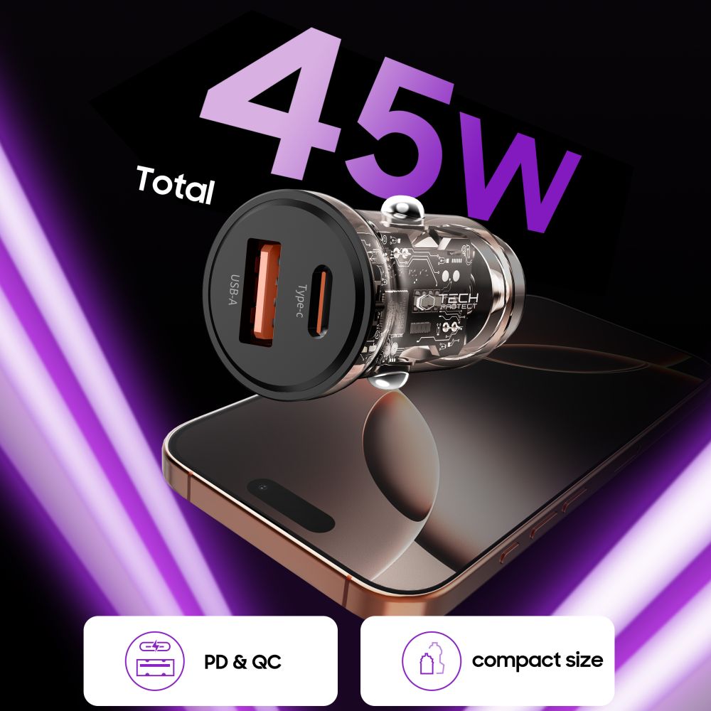 Tech-Protect CC01 45W 2-Port USB-A / USB-C Car Charger - Black_3