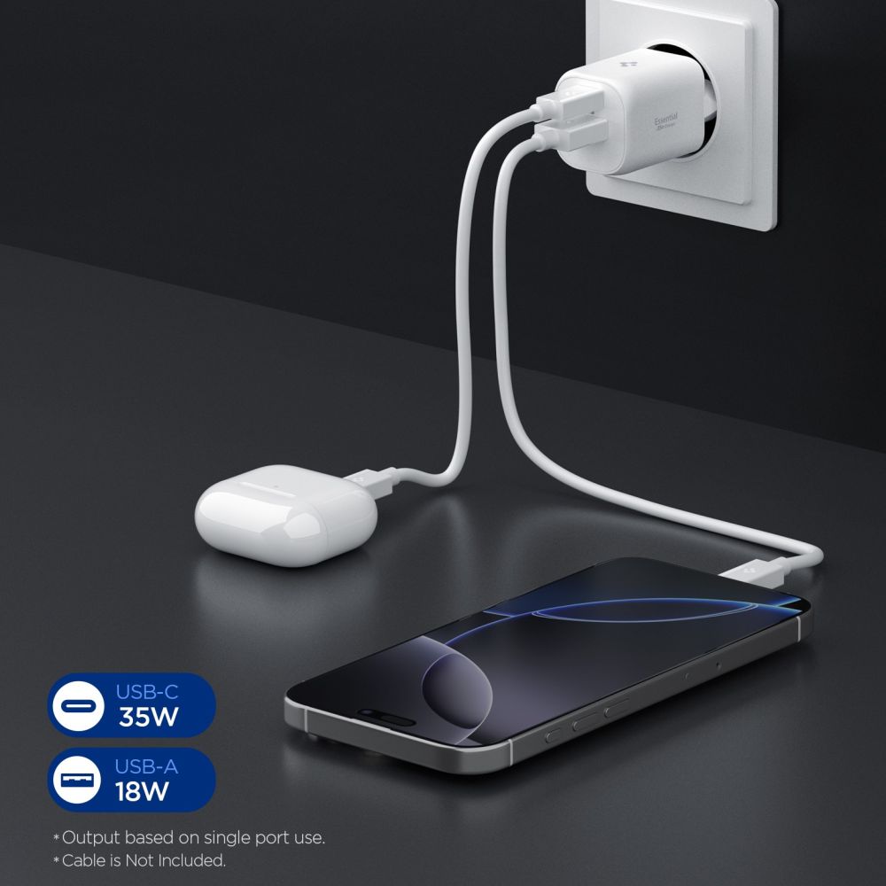 Wall Charger Spigen Essential, 35W, 3A, 1 x USB-A - 1 x USB-C, White ACH09462 _3