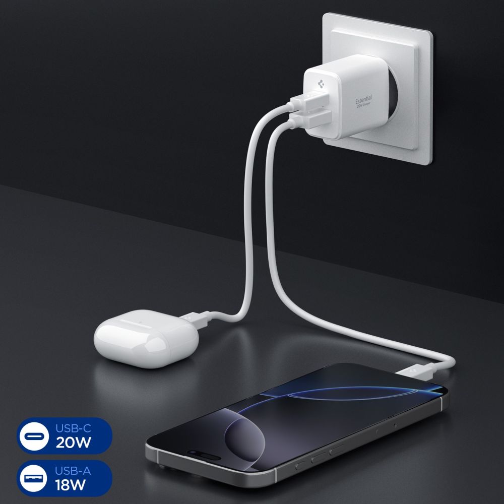 Wall Charger Spigen Essential, 20W, 3A, 1 x USB-A - 1 x USB-C, White ACH08704 _3