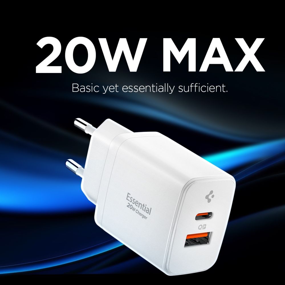 Wall Charger Spigen Essential, 20W, 3A, 1 x USB-A - 1 x USB-C, White ACH08704 _4