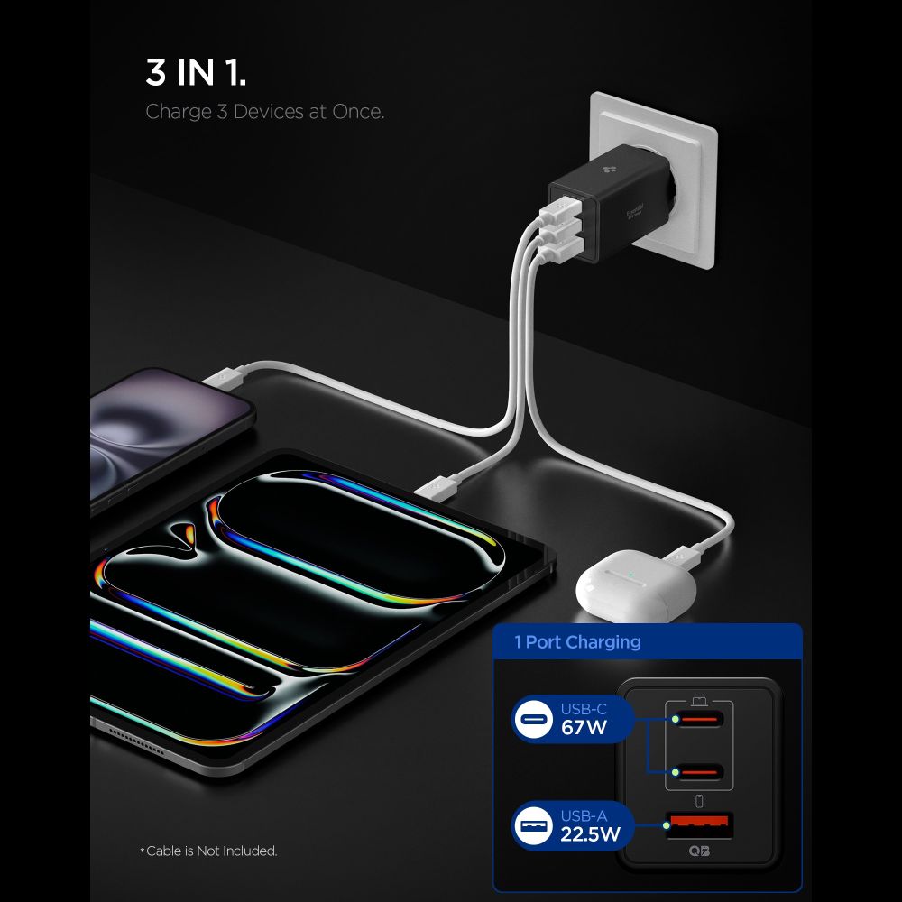 Wall Charger Spigen Essential, 67W, 3.25A, 1 x USB-A - 2 x USB-C, Black ACH09458 _1