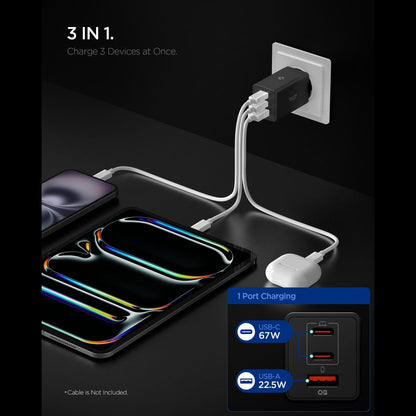 Wall Charger Spigen Essential, 67W, 3.25A, 1 x USB-A - 2 x USB-C, Black ACH09458 _1