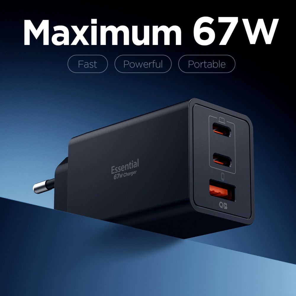 Wall Charger Spigen Essential, 67W, 3.25A, 1 x USB-A - 2 x USB-C, Black ACH09458 _2