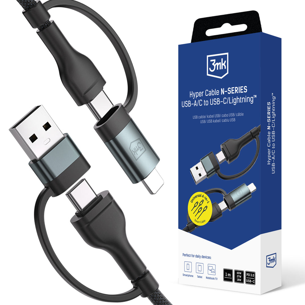 3mk Hyper Cable N-SERIES 2 in 2 USB-A / USB-C and USB-C / Lightning 1.2m QC 3.0 9V/2A 60W - black_0