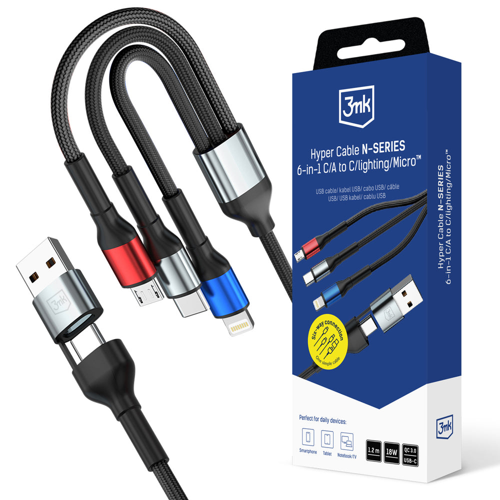 3mk Hyper Cable N-SERIES 6 in 1 USB-C / USB-A to USB-C / Lightning / Micro 1.2m QC 3.0 9V / 2A 18W - black_0