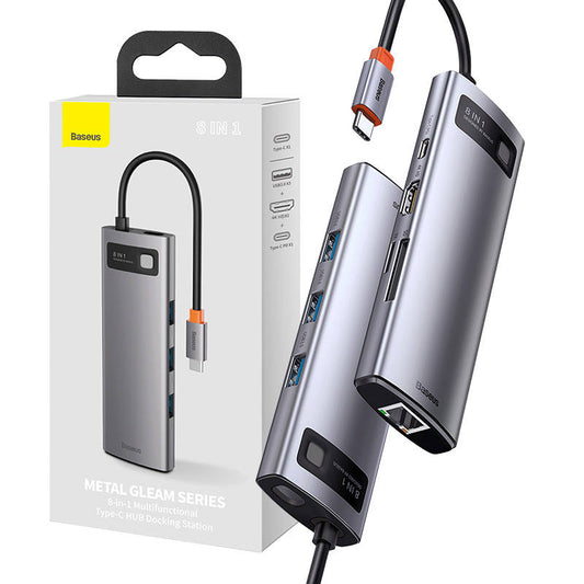 Hub 8in1 Baseus Metal Gleam Series, USB-C to 3x USB 3.0 + HDMI + USB-C PD + Ethernet RJ45 + microSD/SD_0