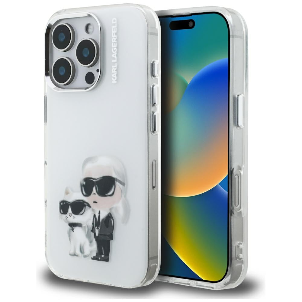 Karl Lagerfeld IML Aquarelle Karl &amp; Choupette &amp; Logo iPhone 16 Pro Case - White_0