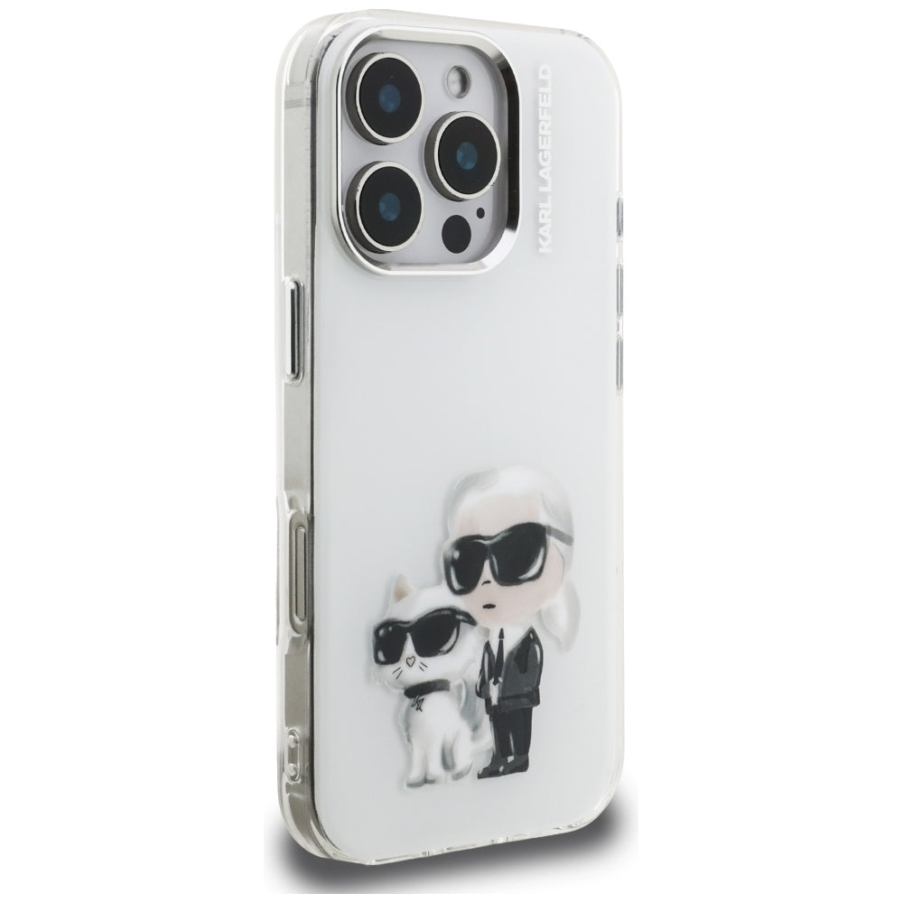 Karl Lagerfeld IML Aquarelle Karl &amp; Choupette &amp; Logo iPhone 16 Pro Case - White_3