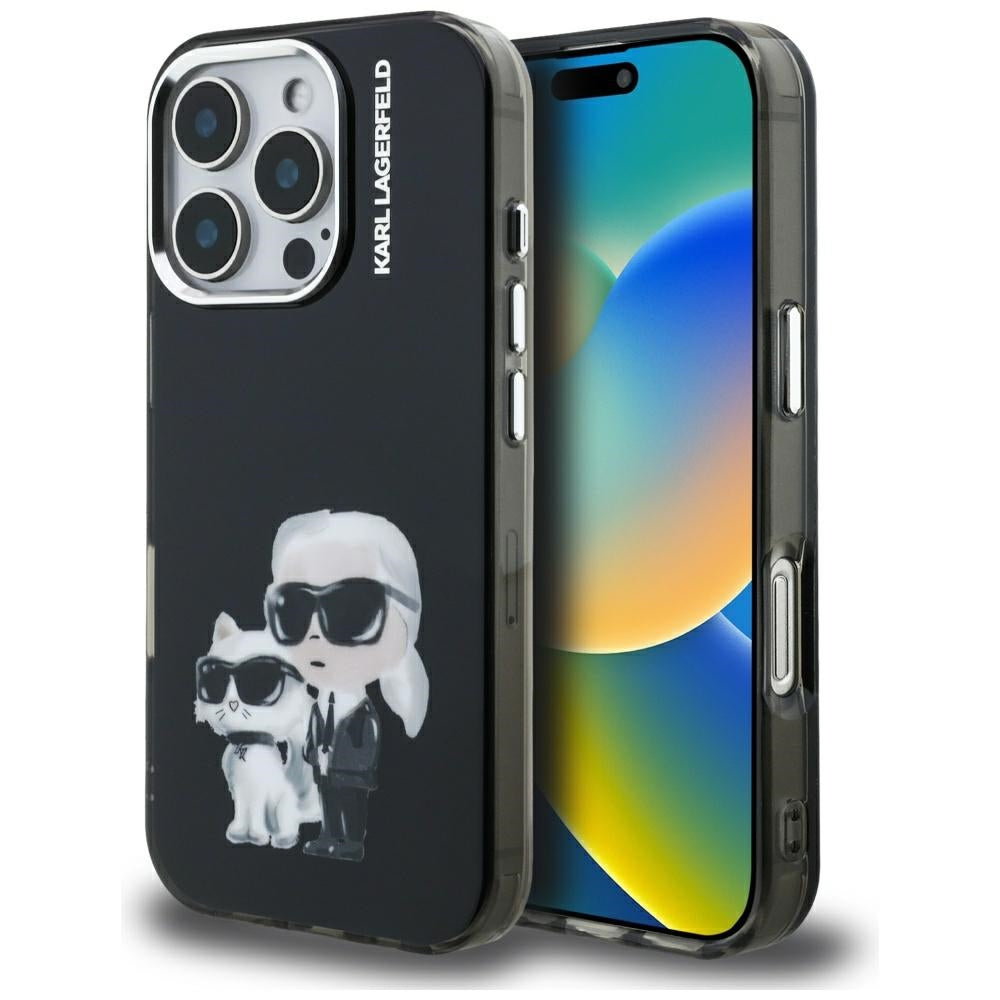Karl Lagerfeld IML Aquarelle Karl &amp; Choupette &amp; Logo iPhone 16 Pro Case Black_0