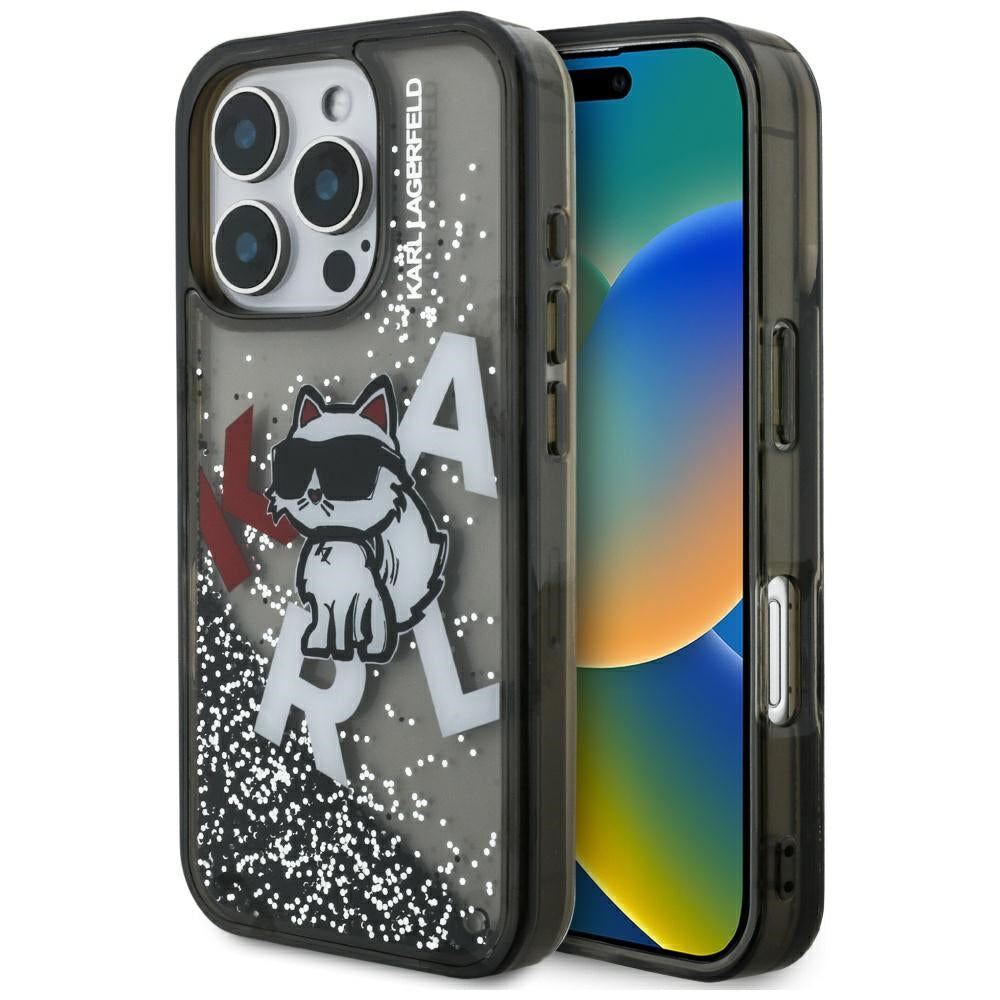 Karl Lagerfeld Liquid Glitter Choupette Logo Case for iPhone 16 Pro - Black_0