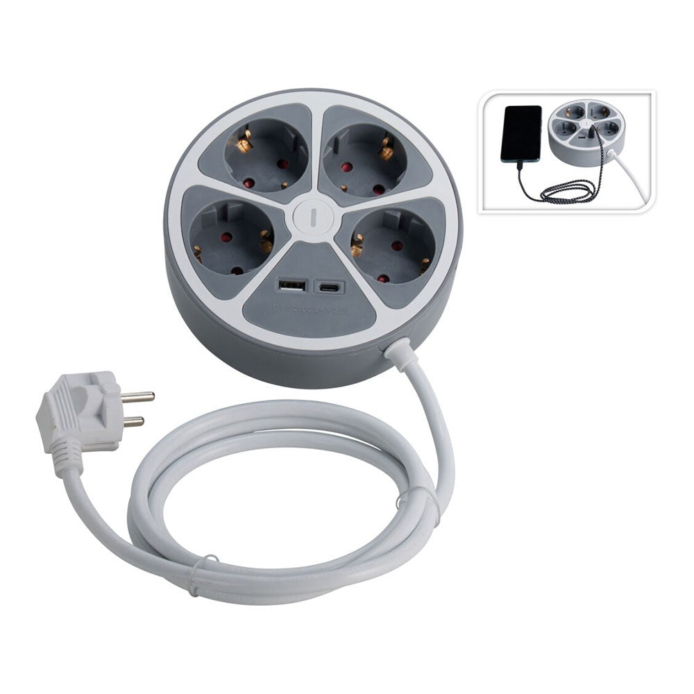 Base de tomada mÃºltipla 4 tomadas redonda + usb, 1,4 m cabo_0