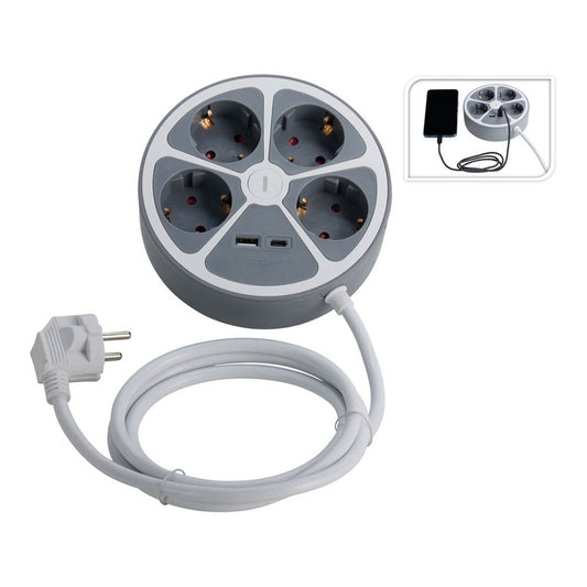 Base de tomada mÃºltipla 4 tomadas redonda + usb, 1,4 m cabo_0