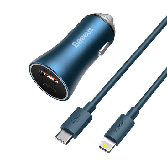 Baseus Golden Contactor Pro car charger, USB + USB-C, QC4.0+, PD, SCP, 40W (blue) + USB-C - Lightning cable 1m (blue)_0