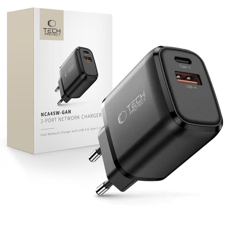 Tech-Protect NCA45W-GAN 2-Port USB-C / USB-A 45W Wall Charger - Black_0