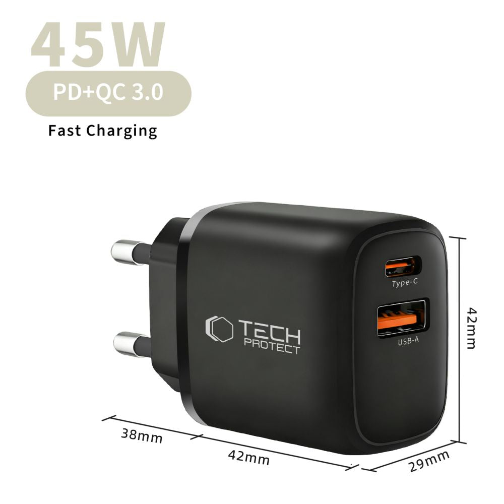 Tech-Protect NCA45W-GAN 2-Port USB-C / USB-A 45W Wall Charger - Black_5