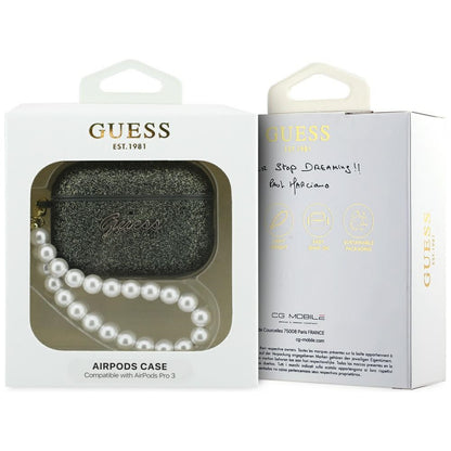 Guess Glitter Pearl Strap Case for AirPods Pro 3 - Black and Glitter_3