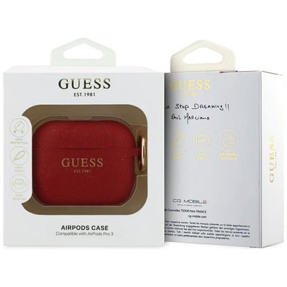 Guess Silicone Glitter Ring Case for AirPods Pro 3 - Red and Glitter_3