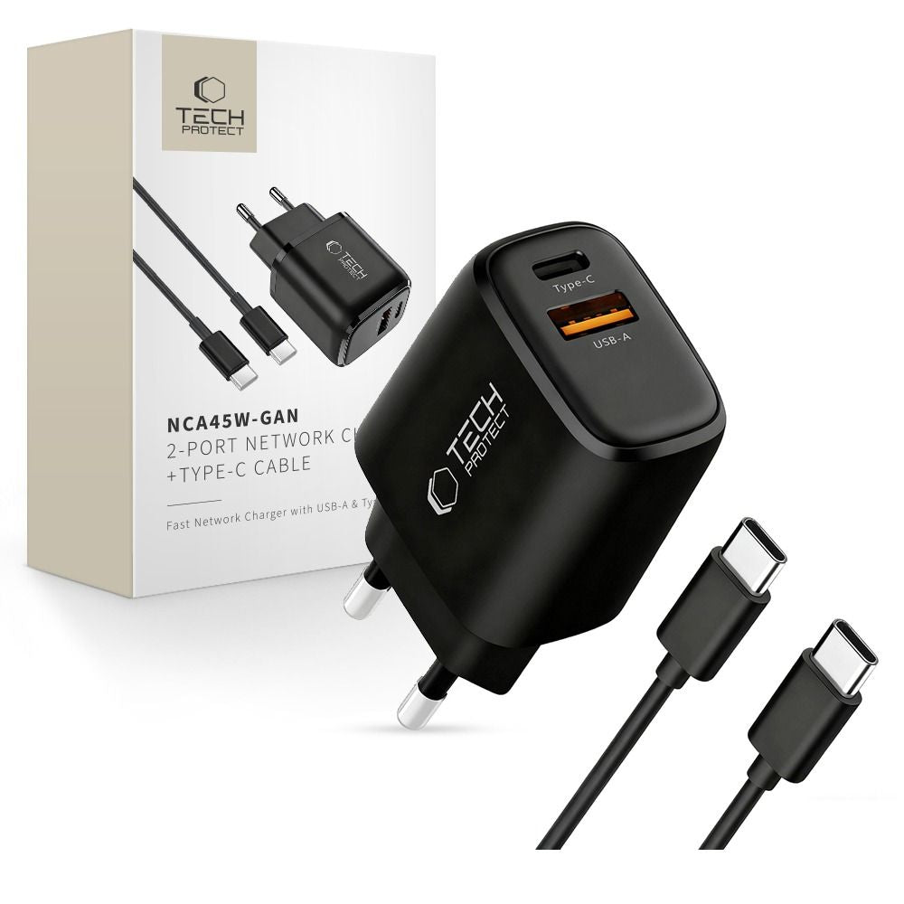 Tech-Protect NCA45W-GAN 2-Port 45W Wall Charger with USB-C Cable - Black_0