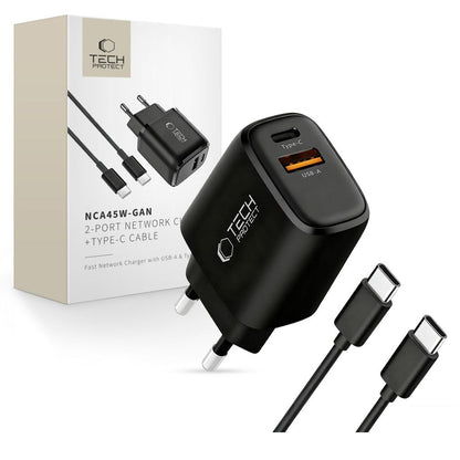 Tech-Protect NCA45W-GAN 2-Port 45W Wall Charger with USB-C Cable - Black_0