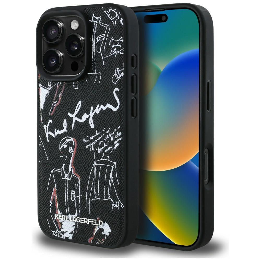Karl Lagerfeld Grained Pattern &amp; Logo MagSafe Case for iPhone 16 Pro - Black_0