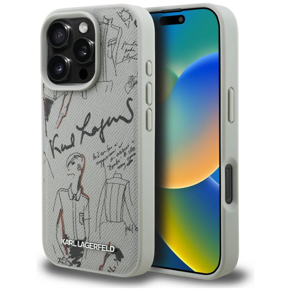 Karl Lagerfeld Grained Pattern &amp; Logo MagSafe Case for iPhone 16 Pro Max - Gray_0